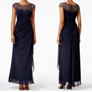 XSCAPE Petite Embellished Illusion Gown -Navy Blue